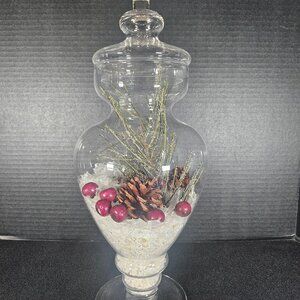 Elements Large Clear Apothecary Glass Jar With Faux Snow Pine Cones Berries